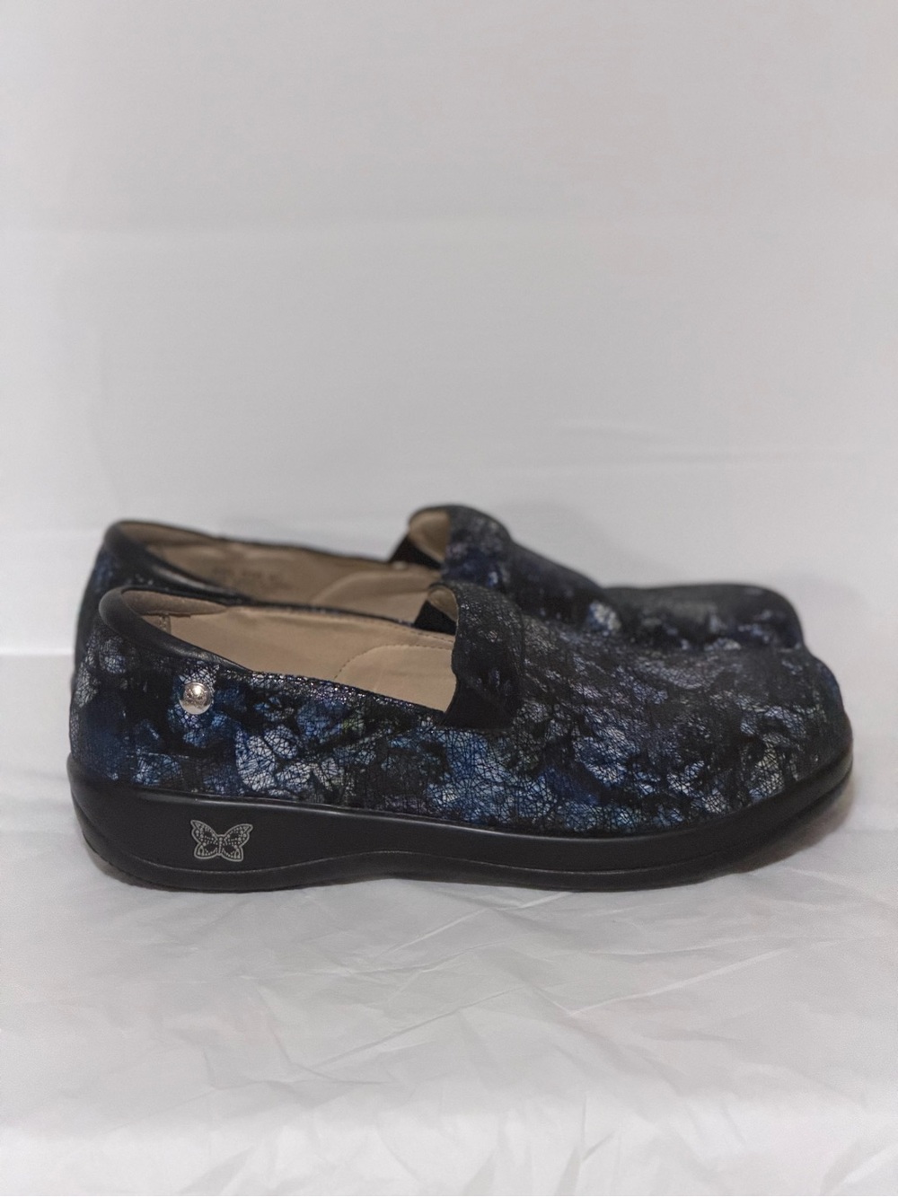 Alegria Blue Black Marble-Print Slip-On Moccasins